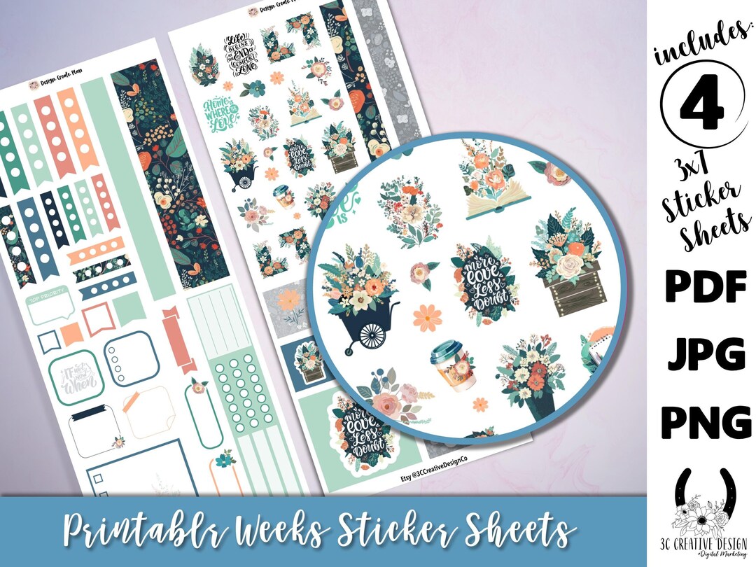 Teal Watercolor Floral Planner Stickers | Hobonichi Weekly Kit ...