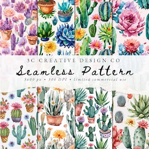 Seamless Repeat Floral Pattern, Commercial Use Clipart Bundle, Digital Scrapbook Paper, Sublimation Design, Watercolor Cactus Background
