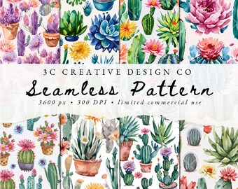Patrón floral repetido sin costuras, paquete de imágenes prediseñadas de uso comercial, papel de álbum de recortes digital, diseño de sublimación, fondo de cactus de acuarela