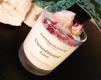 Crystal Candle- unconditional love rose quartz aromatherapy essential oil candle, soy vegan witch magic candle, wellbeing intention manifest