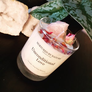Crystal Candle- unconditional love rose quartz aromatherapy essential oil candle, soy vegan witch magic candle, wellbeing intention manifest