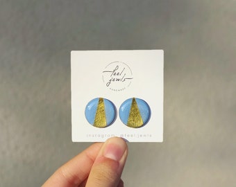 light blue gold wooden earrings