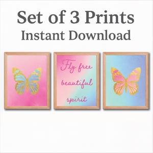 Butterfly Wall Art Set of 3 | Instant Download Prints | Pink Blue Watercolor Butterfly Decor | Girls Bedroom, Playroom, Dorm Art