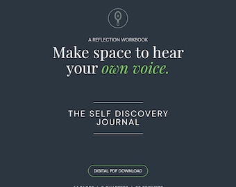May include: A dark grey digital reflection workbook titled A Reflection Workbook Make space to hear your own voice. The cover includes The Self Discovery Journal, a mirror icon, and text stating Digital PDF Download, 44 pages, 8 chapters, 32 prompts.