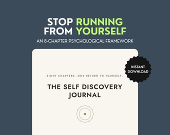 May include: A cream-colored journal cover with the text "THE SELF DISCOVERY JOURNAL" and "EIGHT CHAPTERS. ONE RETURN TO YOURSELF." A small circular icon with a center dot sits below the text. A black starburst badge reads "INSTANT DOWNLOAD."