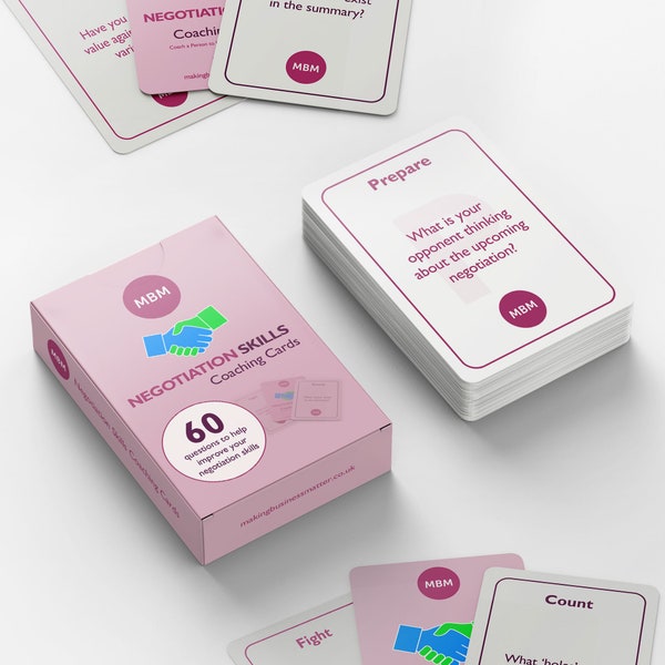 60 cartes de coaching en négociation MBM. Appelées cartes Flash. Cadeaux coach pour managers. À utiliser pour décrocher des affaires, améliorer les ventes et favoriser la réflexion visuelle