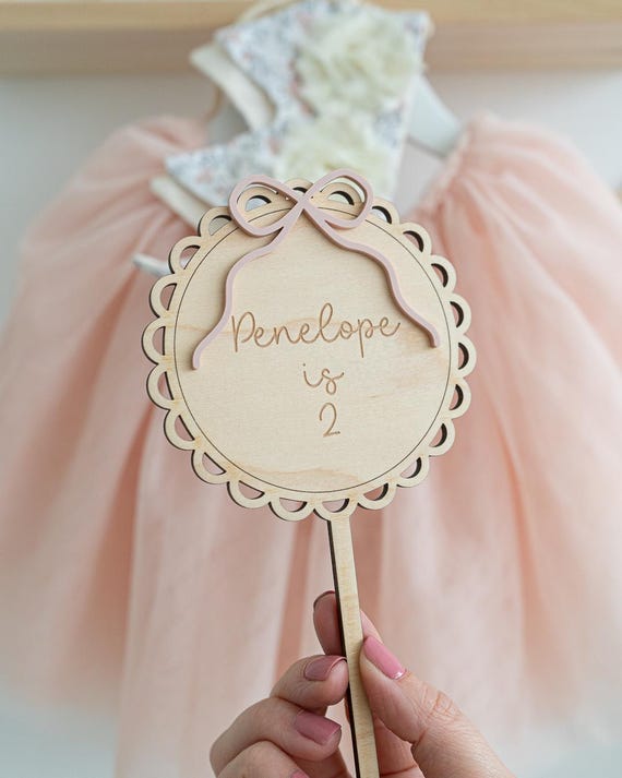 Personalised Wooden Birthday Cake Topper with Acrylic Bow | Custom Name & Age Cake Topper| Kids Party Decoration