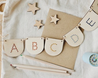 Alphabet Bunting | Embroidered A to Z Wooden Nursery Garland | Baby Shower Gift | Choose Your Own Colours
