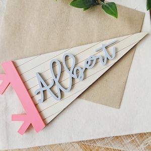 May include: A wooden pennant with the name "Albert" in light blue script. The pennant has a pink accent and is set against a neutral background. The design is simple and modern, suitable for room decor.