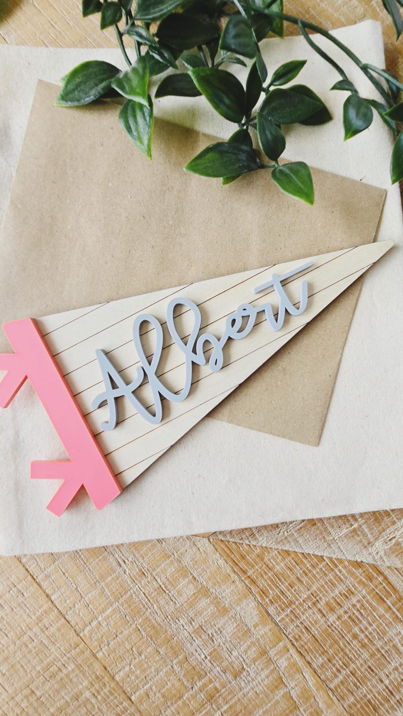 May include: A wooden pennant with the name "Albert" in light blue script. The pennant has a pink accent and is set against a neutral background. The design is simple and modern, suitable for room decor.
