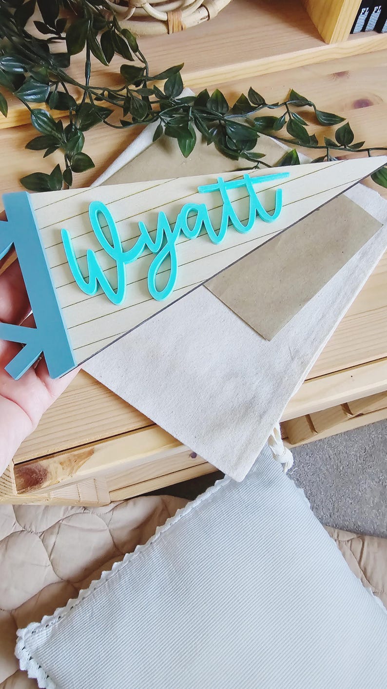 Personalised Kids Name Flag | Custom Wood Pennant Sign | Kids Room Wall Art | Nursery Decor | Acrylic Pennant Name Sign image 17