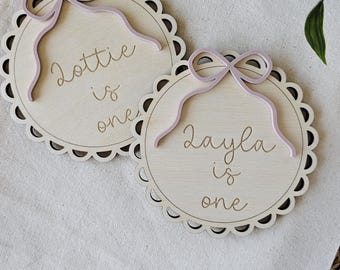 First Birthday Name Charm | Personalised Wooden Cake Topper with Bow | Baby Girl Keepsake Topper