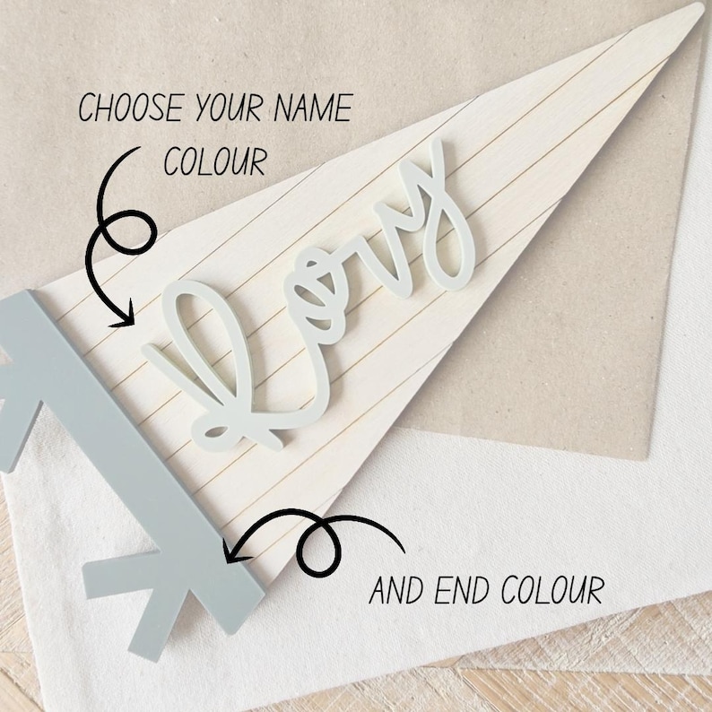 May include: A light-colored wooden sign with the name "Rory" in a cursive font. The sign is triangular and has a light blue accent piece. Text on the image reads "CHOOSE YOUR NAME COLOUR" and "AND END COLOUR".