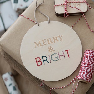 Embroidered Wooden Merry & Bright Christmas Wall Hanging | Wooden Christmas Banner | Festive Wall Hanging | UK
