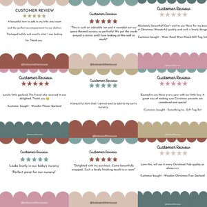 May include: A collage of customer reviews for a variety of products, including a garland, a nursery decor set, gift tags, and a Christmas tree garland. Each review includes a five-star rating and a short description of the product.