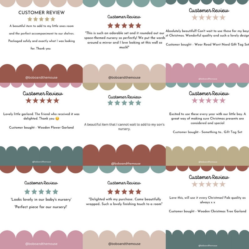 May include: A collage of customer reviews for a variety of products, including a garland, a nursery decor set, gift tags, and a Christmas tree garland. Each review includes a five-star rating and a short description of the product.