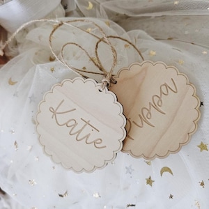 Personalised Wooden Gift Tags | Custom Name Tags | Christmas Stocking Tag | Wooden Tree Decoration | Scalloped Ornament |
