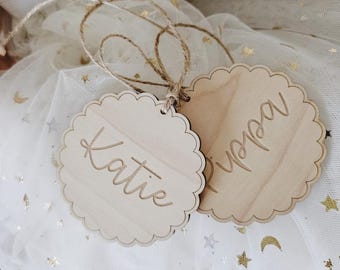 Personalised Wooden Gift Tags | Custom Name Tags | Christmas Stocking Tag | Wooden Tree Decoration | Scalloped Ornament |