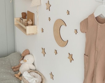 Nursery Wall Art Set | Moon and Star Wooden Decor Set | Kids Space Themed Wall Art