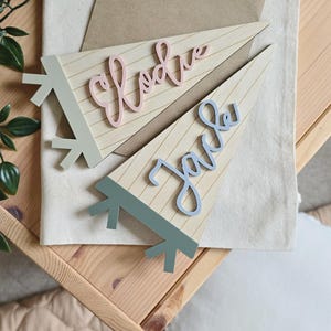 Personalised Kids Name Flag | Custom Wood Pennant Sign | Kids Room Wall Art | Nursery Decor | Acrylic Pennant Name Sign image 5