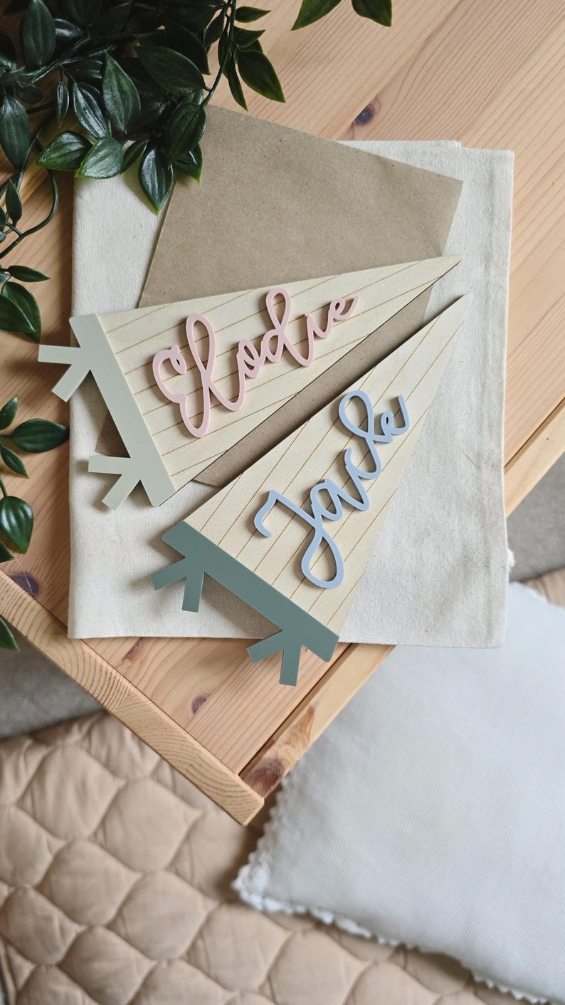 Personalised Kids Name Flag | Custom Wood Pennant Sign | Kids Room Wall Art | Nursery Decor | Acrylic Pennant Name Sign image 5