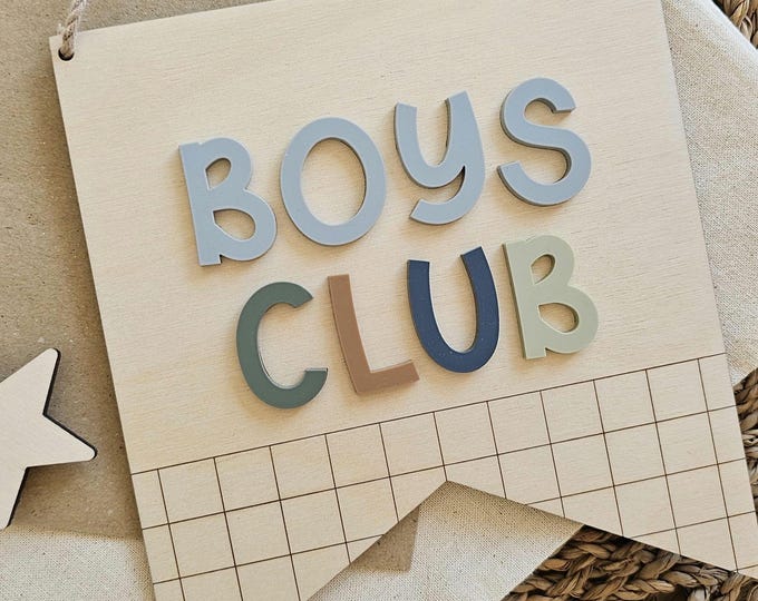 Boys Club Wooden Wall Banner | Chequered Kids Sign | Boys Room Decor | Kids Room Decor | Custom Kids Wall Sign