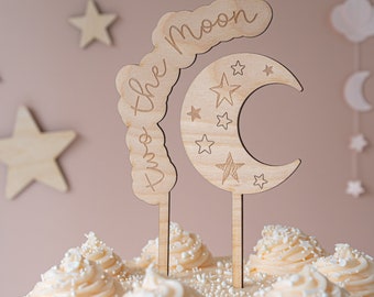 Two The Moon Cake Topper | Two Year Old Cake Topper | Two The Moon Birthday Cake Topper | Wooden Kids Cake Topper
