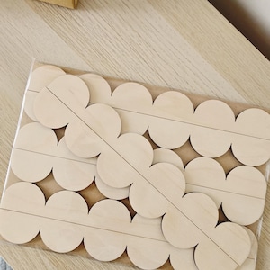 May include: A package of unfinished wooden cutouts in a flower shape. Each cutout has a series of connected circles with a line down the center. The cutouts are light brown and are packaged in clear plastic. A small box with printed cards is in the background.