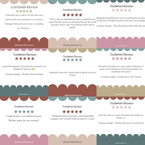 May include: A collage of customer reviews for a product, featuring five-star ratings and positive comments. The reviews highlight the product's quality, design, and suitability for various occasions, such as Christmas and nursery decor.