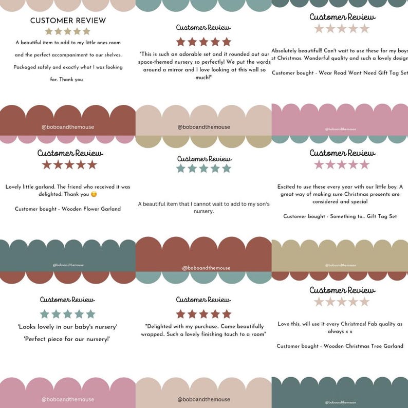 May include: A collage of customer reviews for a product, featuring five-star ratings and positive comments. The reviews highlight the product's quality, design, and suitability for various occasions, such as Christmas and nursery decor.