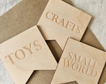 Wooden Toy Storage Labels | Personalised Pennant Shaped Trofast Labels | Playroom Wooden Toy Labels | Storage Tags for Baskets and Crates