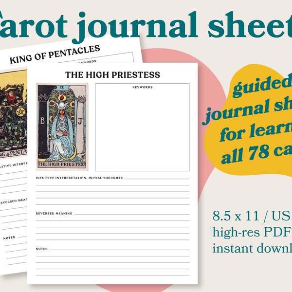 Printable Tarot Workbook 78 pages - Guided Journal Sheets to Study Learn Rider-Waite-Smith card Deck - 8.5x11 Letter - Instant PDF Download
