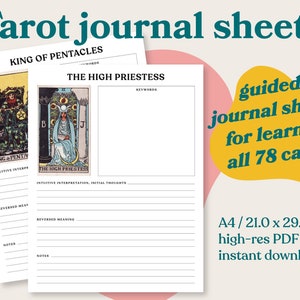 Libro de trabajo de Tarot imprimible 78 páginas - Hojas de diario guiadas para estudiar la baraja de cartas Rider-Waite-Smith - A4 - Descarga instantánea de PDF