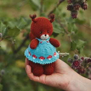 Squirrel toy. Knitted squirrel animal for wildlife lovers. Woodland soft squirrel. Realistic red squirrel in sundress. Plush collectible toy