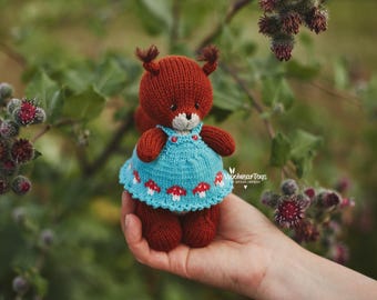 Knitted Squirrel Toy: Handmade Red Squirrel in Sundress