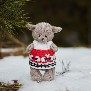 Knitted Wolf Plush Doll: Handmade Forest Animal Toy in Dress