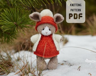 Bunny knitting pattern, knitted animal toy, bunny girl in a clothes. Christmas bunny pattern toy. Easter bunny toy pattern, tutorial pdf.