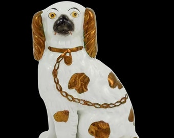 Antique Georgian Staffordshire pottery copper lustre ware flatback mantle Spaniel dog with collar and chain