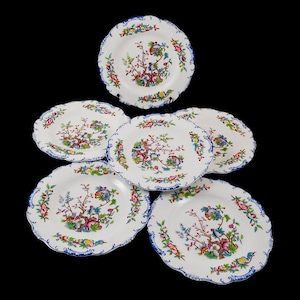 Set of six Victorian Minton porcelain Chinoiserie Indian tree dessert plates, scalloped moulded edges