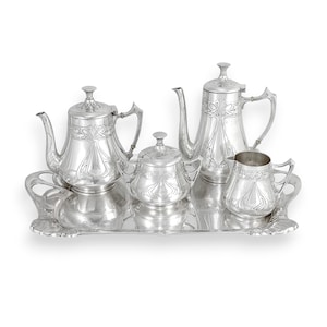 Antique silver plated WMF Art Nouveau Jugendstil five-piece tea and coffee set on tray