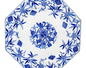 Antiguo japonés Meiji era Fukagawa Koransha Seiji Kaisha octogonal plato de porcelana azul y blanco