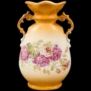 Bohemian two-handled single-flower porcelain vase decorated with roses