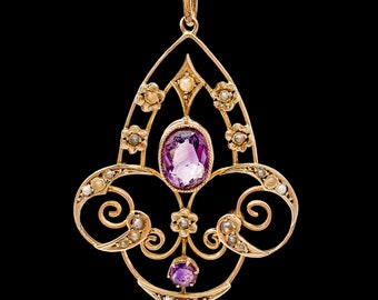 Antique Art Nouveau lavalier amethyst pearl pendant 9ct yellow gold