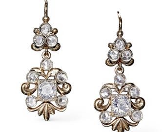 Edwardian 2.10ct diamond drop earrings, old European and rose-cut diamonds, silver and gold wash, lever backs, in fitted case c. 1910s