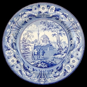 Antique Georgian Staffordshire blue and white transferware Tchiurluk Ottoman pattern dinner plate
