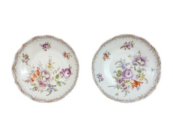 Antique 19th century Meissen porcelain pair of small floral bowls with gilt scalloped rims
