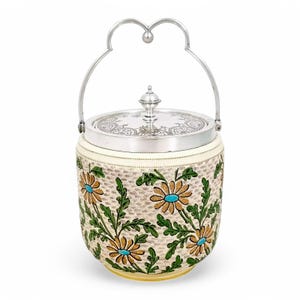 Antique Victorian large ceramic biscuit barrel with hand painted daisy motif and silver plated lid and handle, English, circa 1890s