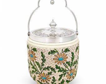 Antique Victorian large ceramic biscuit barrel with hand painted daisy motif and silver plated lid and handle, English, circa 1890s