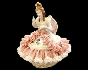 Miniature vintage Dresden lace Karl Klette porcelain figurine, Lady seated in boudoir chair with fan