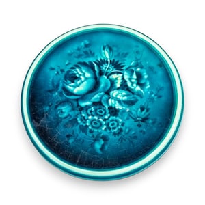 Minton & Hollins majolica teapot trivet, c. 1890, turquoise relief-moulded floral ceramic, Victorian English decorative pottery, 18 cm
